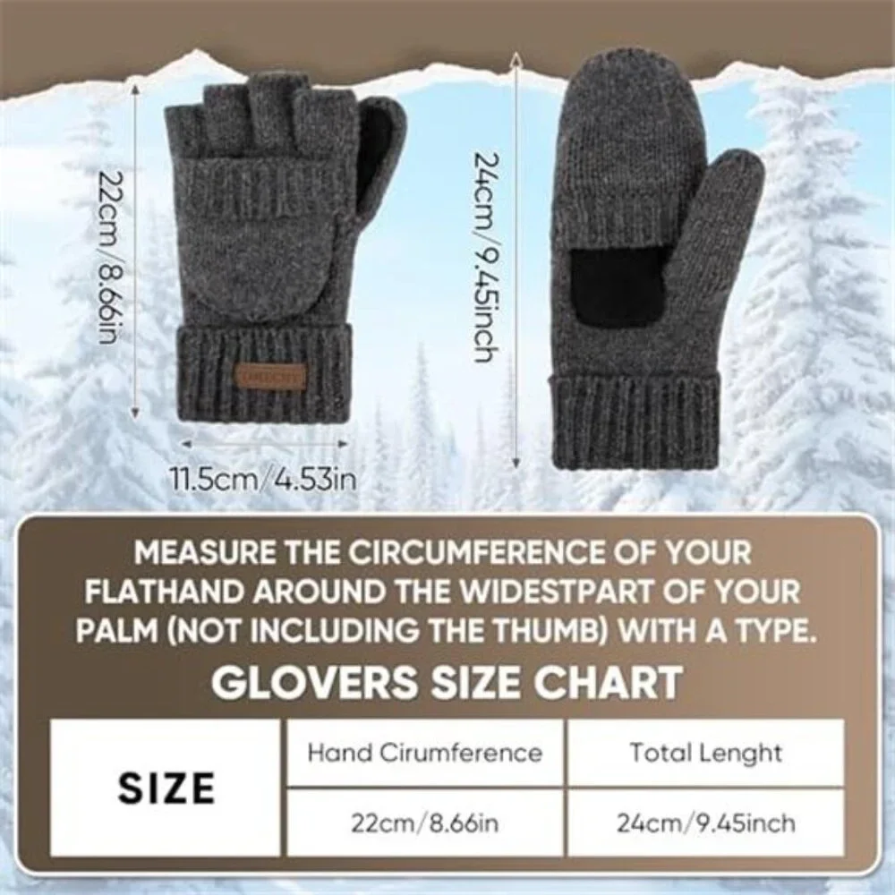 Winter Gloves Men Women Fingerless Mittens Convertible Wool Knitted Warm Thermal